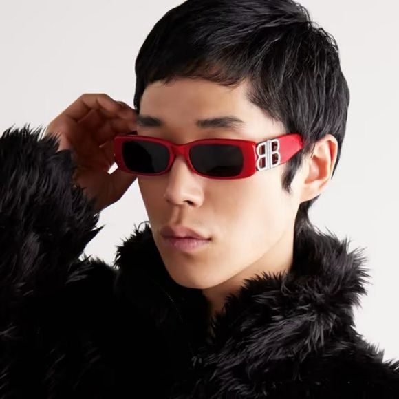 Balenciaga BB0096S 015 Sunglasses Red Silver Logo Rectangle Unisex - Picture 1 of 15